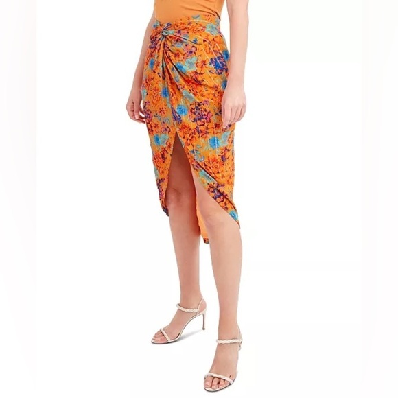 BCBGMAXAZRIA Floral Golden Oak Metallic Striped High Low Tropical Skirt Size XXS - Picture 1 of 14
